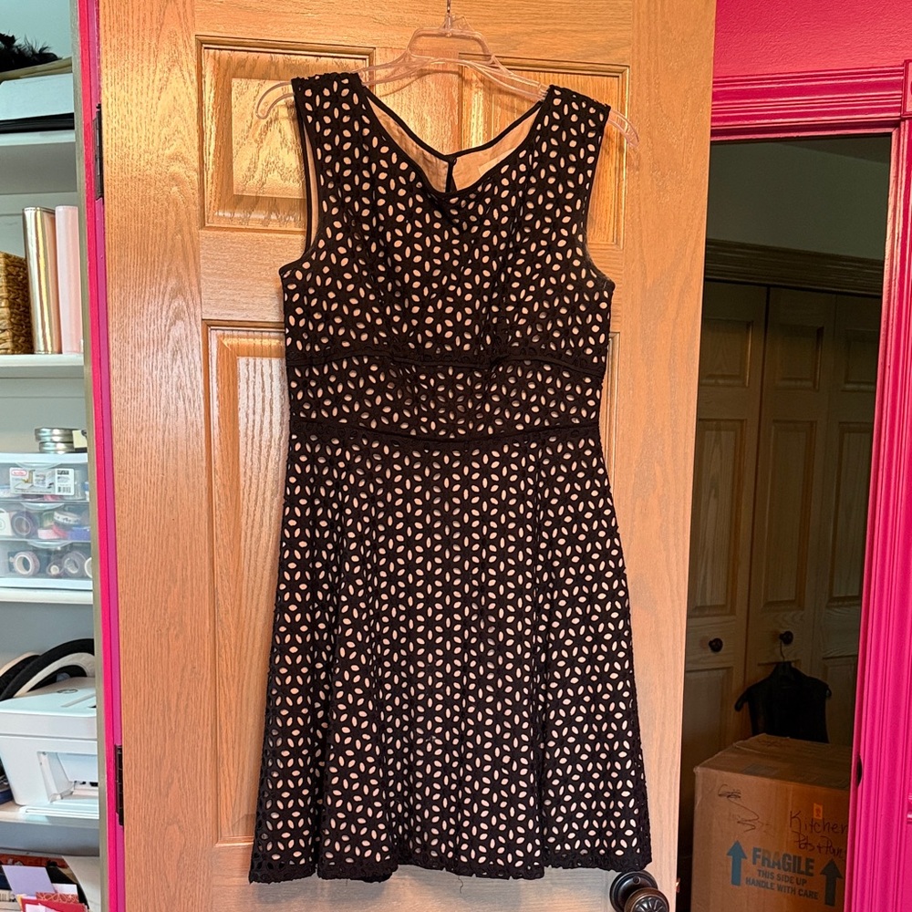 LOFT Black and Cream Patterned Midi Dress size 4